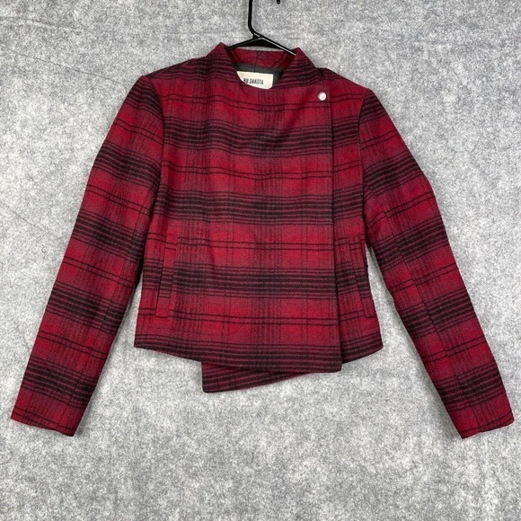 BB Dakota Cropped Blazer Jacket Women's XS Red Black Plaid Polyester Wool Blend - Picture 1 of 10